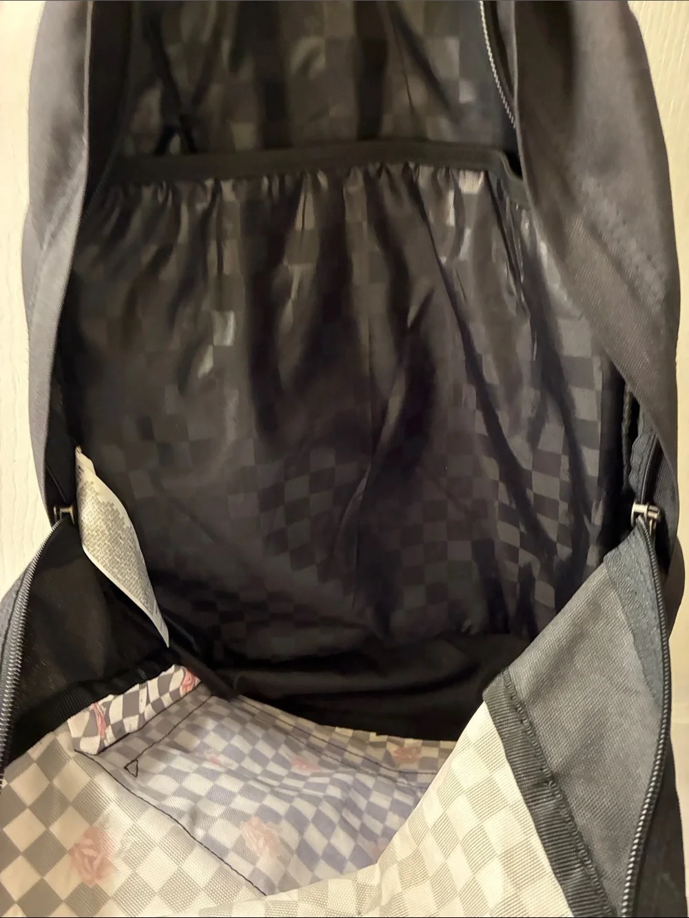 Vans Black Checkerboard Backpack with Red Rose Accents